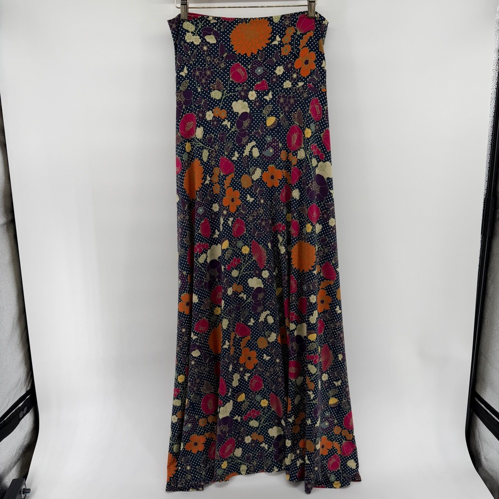 LuLaRoe Floral Polka Dot Maxi Skirt Small Navy Blue Butterfly Boho Stretchy